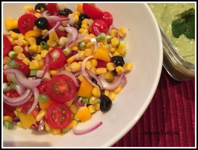 Mayuri's Jikoni 174. corn and tomato salad with avocado dressing