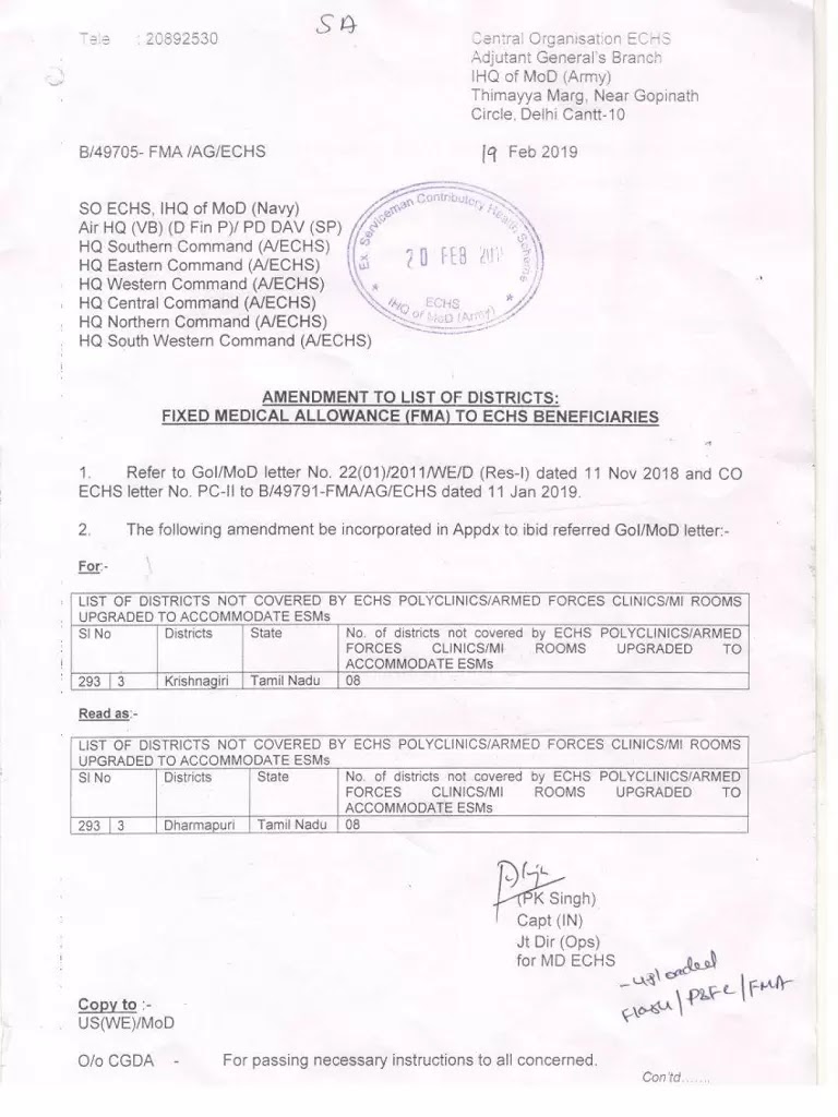 Fixed Medical Allowance (FMA) to ECHS Beneficiaries – Amendment to List of Districts reg. Fixed Medical Allowance (FMA) to ECHS Beneficiaries – Amendment to List of Districts reg.