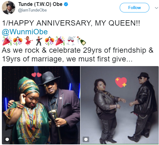 Tunde and Wunmi Obe celebrate 29 years of friendship and 19 years of marriage Tunde and Wunmi Obe celebrate 29 years of friendship and 19 years of marriage
