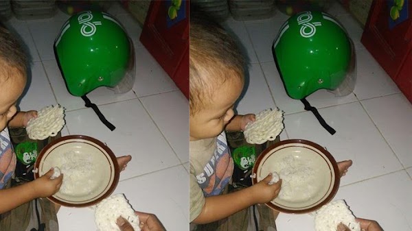 Foto Bocah Makan Bikin Terenyuh, Netizen Perhatikan Helm Hijau Disampingnya