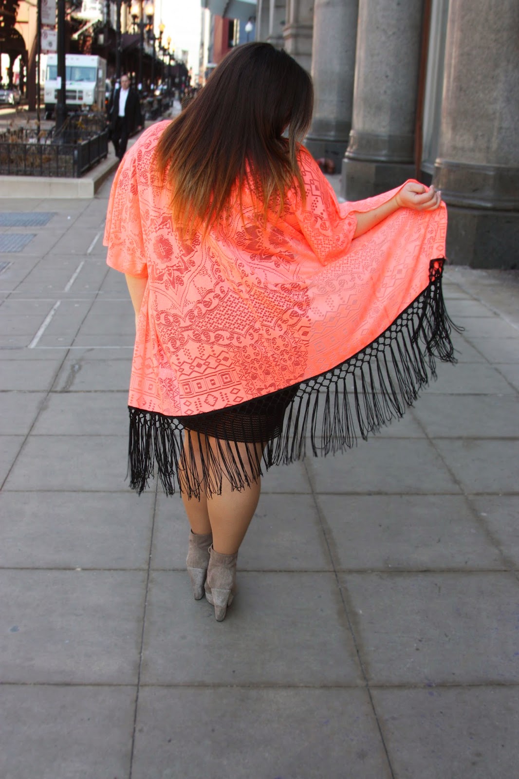 BRIGHT COLORED kimono, Charlotte Russe, Charlotte Russe plus size clothing line, Chicago, LITTLE BLACK DRESS, maxi skirt, Natalie Craig, natalie in the city, plus size, plus size fashion blogger, chicago, kimono, fringe, ankle boots, booties, see-through, fatshion, curvy women, bbw, summer bright color