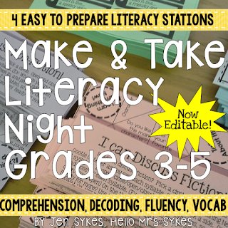 Need activities for parents? Make and Take Literacy Activities for grades 3-5 are minimal prep - just print, copy, and go! Link to freebie in blog post from Hello Mrs Sykes