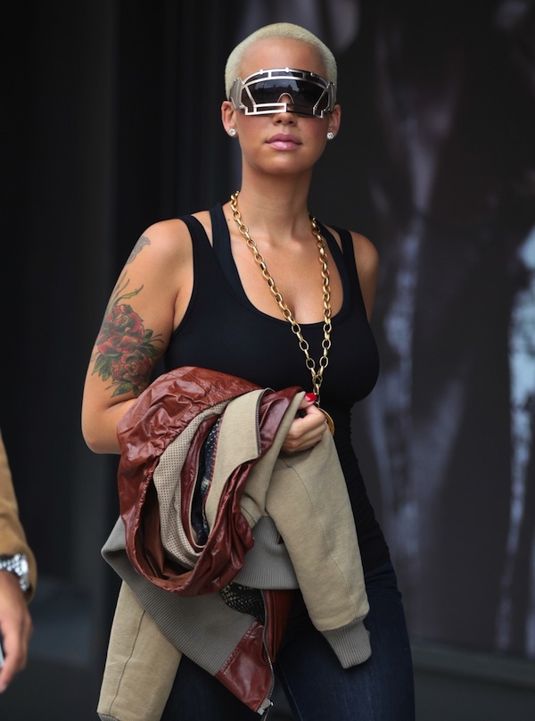 Amber Rose in KTZ x Linda Farrow Face Shield Sunglasses in New York