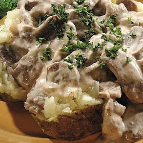 slow cooker stroganoff-topped potatoes