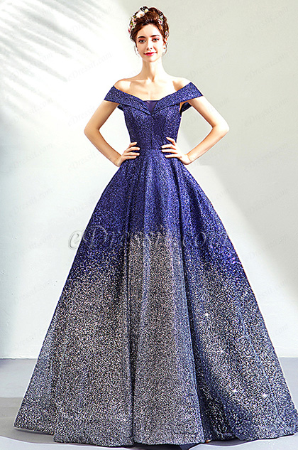 Sexy Blue Sequins Off-Shoulder Party Evening Gown