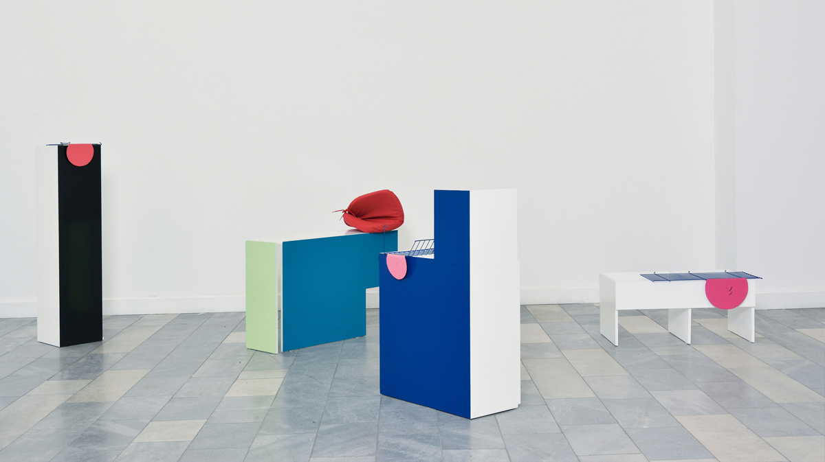 Conversational poses I 2014, painted steel sheet, wood, cushion, iron, variable dimensions