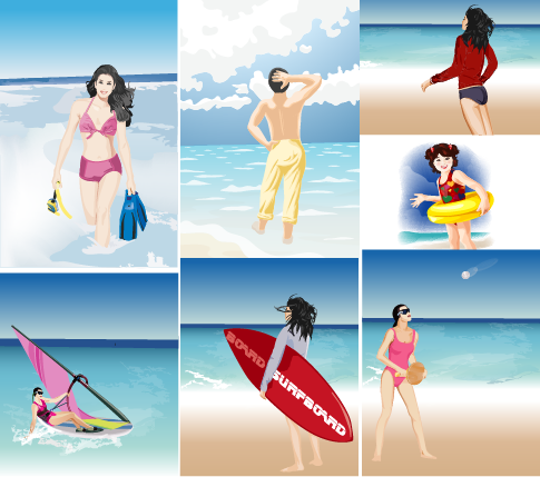 verano y playa escenas - vector