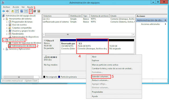 Windows Server 2012: Extender partición NTFS - Administración de equipos