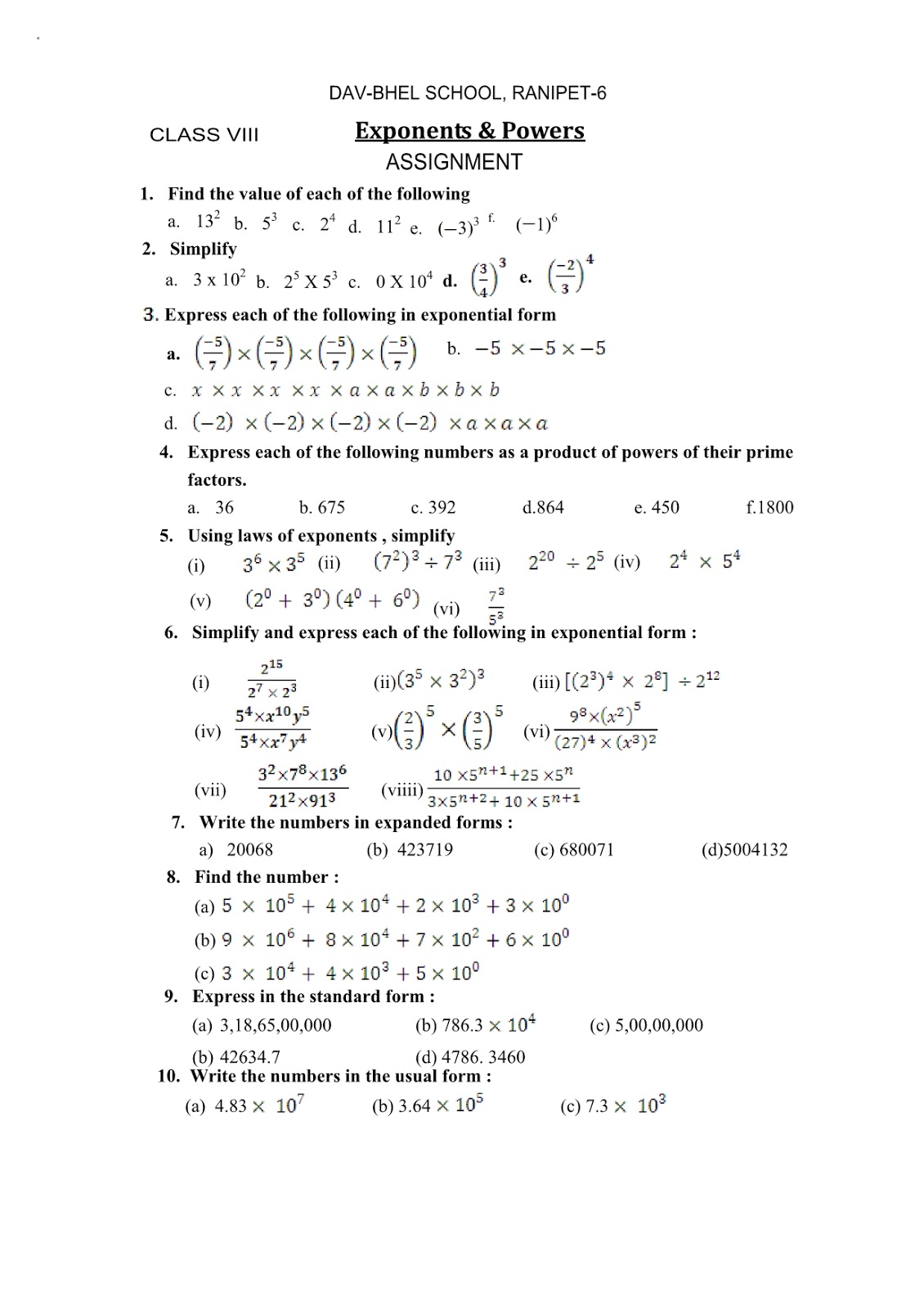 CBSE-MATH: 8th Exponents & Powers Worksheet
