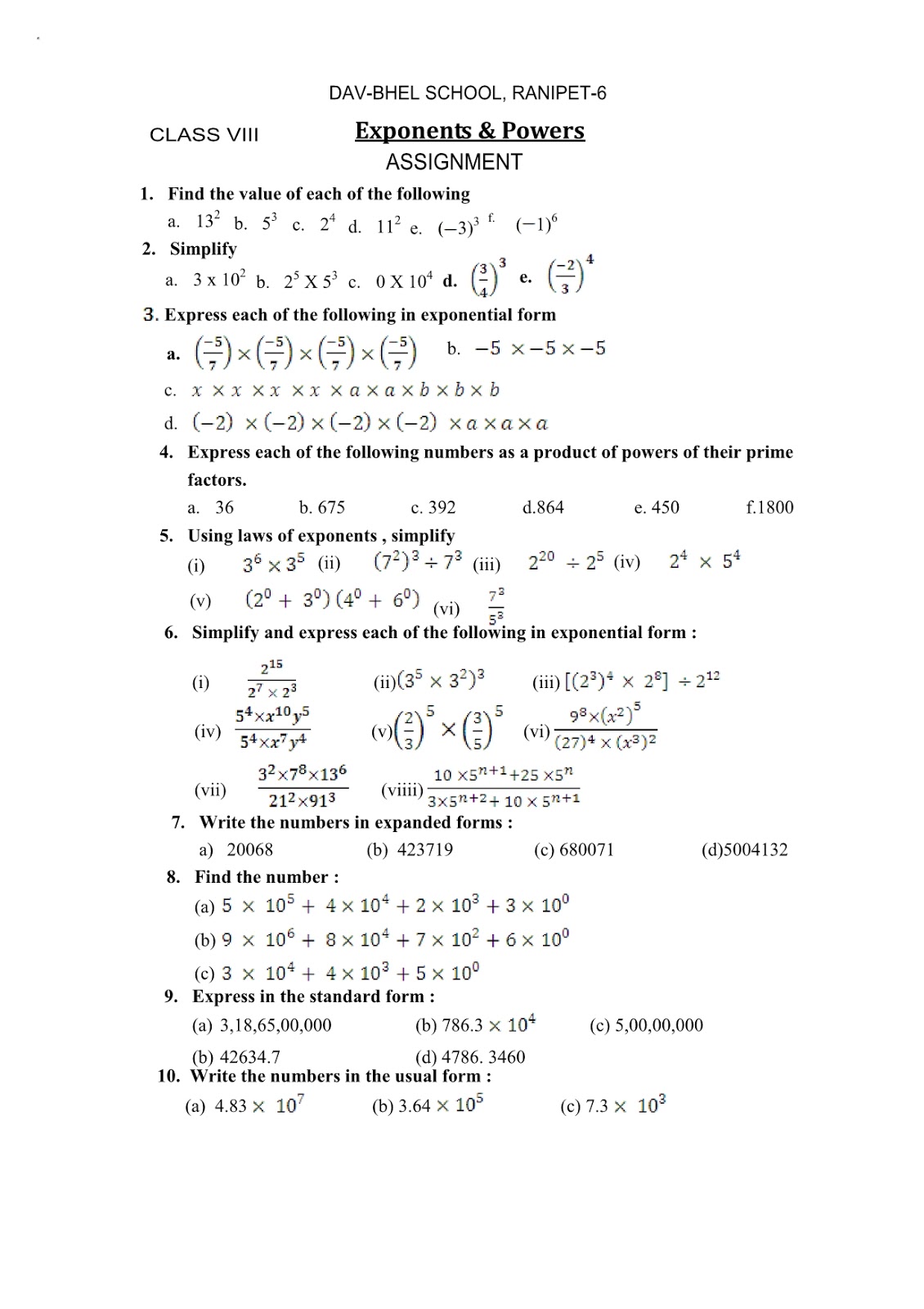 case study questions class 8 maths exponents and powers