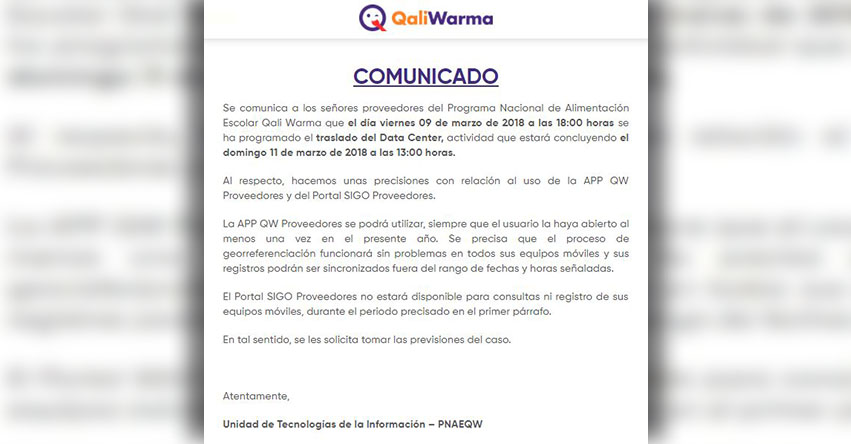 COMUNICADO QALI WARMA: Traslado del Data Center 2018 - www.qaliwarma.gob.pe COMUNICADO QALI WARMA: Traslado del Data Center 2018 - www.qaliwarma.gob.pe