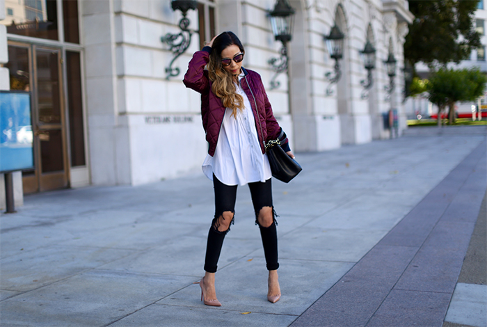 Topshop quilted bomber jacket, bomber jacket, quilted bomber jacket, everlane shirt, choker, chanel grand shopping tote, christian louboutin so kate pumps, ripped jeans, quay sunglasses, summer in san francisco, san francisco summer style, summer style, nordstrom anniversary sale