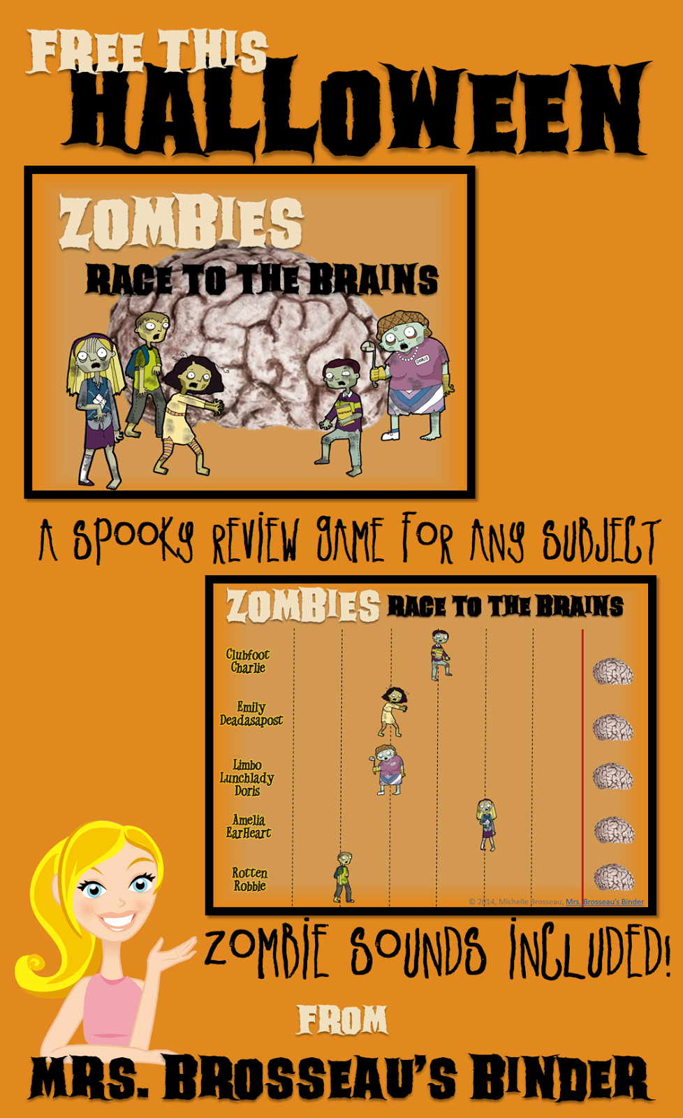 http://www.teacherspayteachers.com/Product/Zombies-Race-to-the-Brains-Halloween-PowerPoint-Review-Game-for-ANY-Subject-1484808