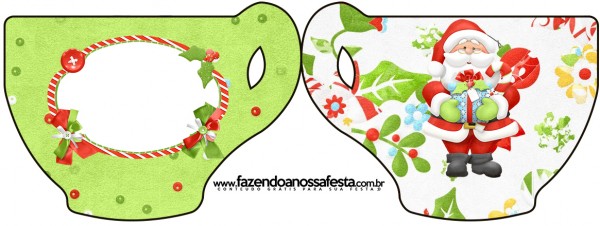 Santa en Fondo Verde: Invitaciones para Imprimir Gratis. Tarjeta con forma de taza de Santa en Fondo Verde.