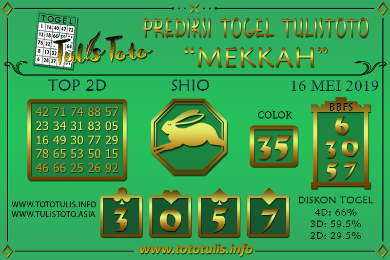 Prediksi Togel MEKKAH TULISTOTO 16 MEI 2019