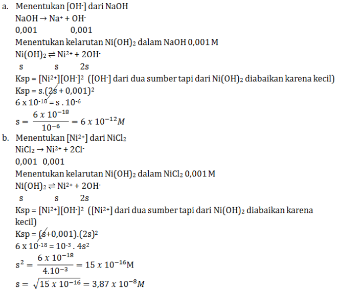 Pada suhu 25oC Ksp Ni(OH)2 = 6 x 10-18. Hitunglah kelarutan Ni(OH)2