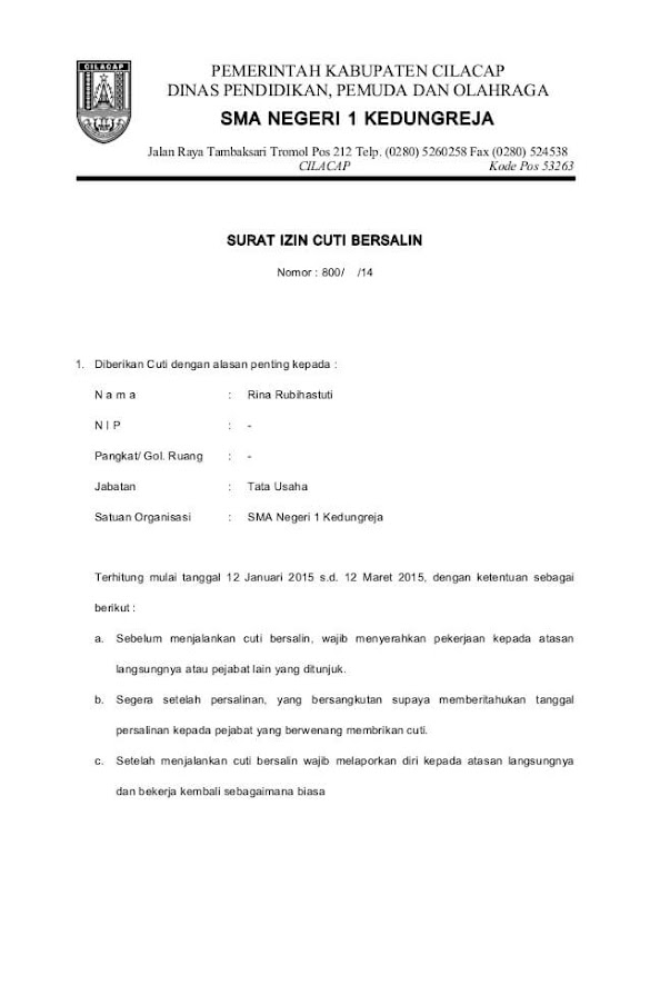 Contoh Surat Keterangan Cuti Melahirkan Dari Kepala Sekolah