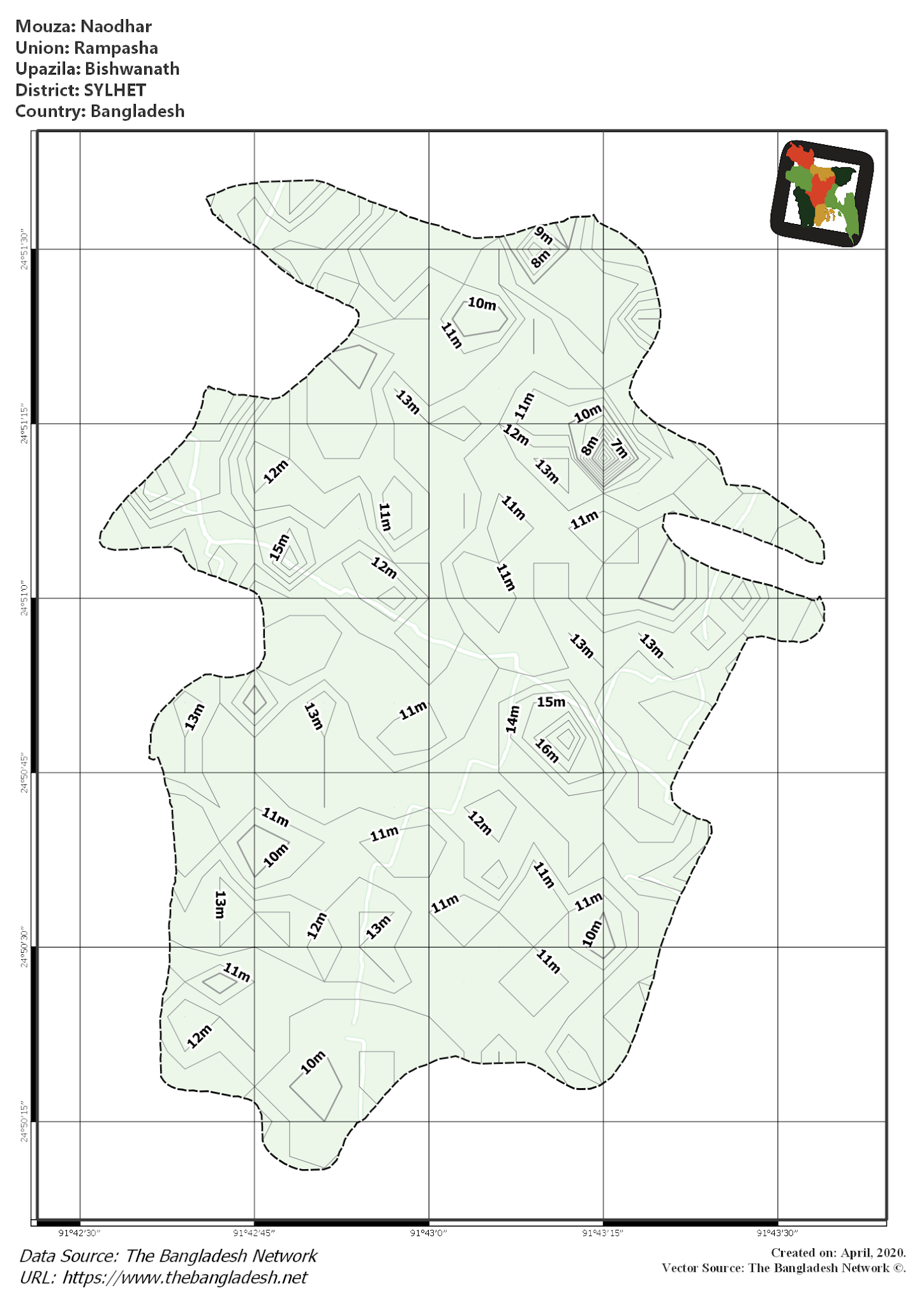 Map of Naodhar Mouza of Bishwanath Upazila, SYLHET, Bangladesh.