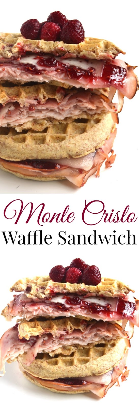 Monte Cristo Waffle Sandwiches only have 5 ingredients and take just 10 minutes to make! The perfect blend of sweet and savory with melted Swiss cheese, raspberry jam, turkey and ham on crispy whole-grain waffles. www.nutritionistreviews.com