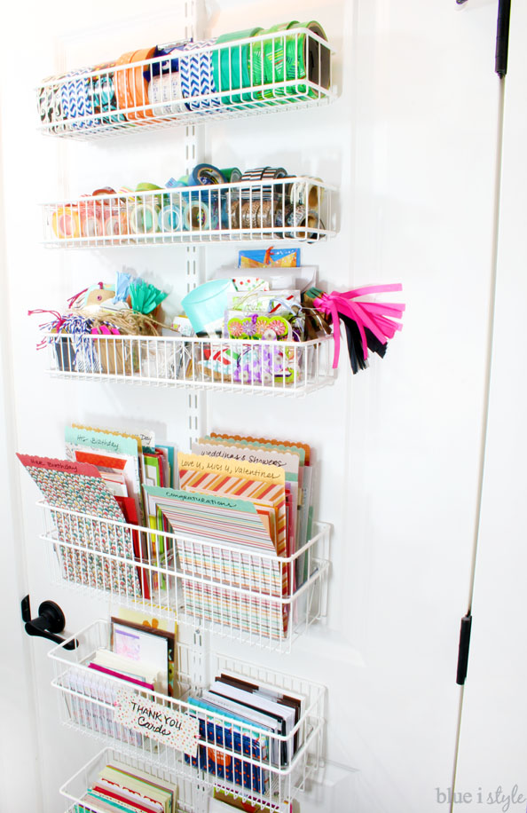 Back of door storage for greeting cards and stationery, gift tags, ribbons, and decorative tape. Back of door greeting card and stationery organization
