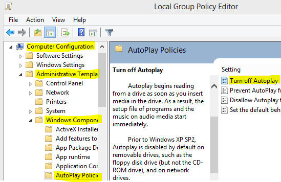 How to turn off autoplay by gpedit.msc