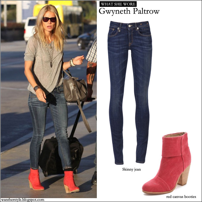 WHAT SHE WORE: Gwyneth Paltrow in red canvas boots and dark skinny ...