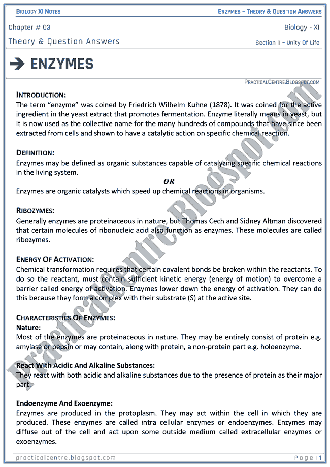 The Enzymes Theory And Questions Answers Biology XI Practical Centre
