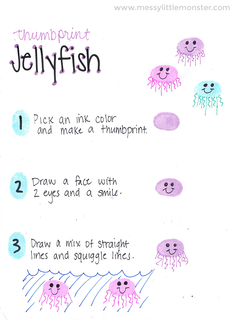 Ocean Theme Thumbprint Animals for preschoolers - fingerprint jellyfish craft instructions