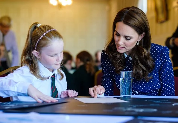 Kate Middleton Alessandra Rich pleated polka dot silk midi dress, Annoushka pearl and Kiki diamond hoop earrings