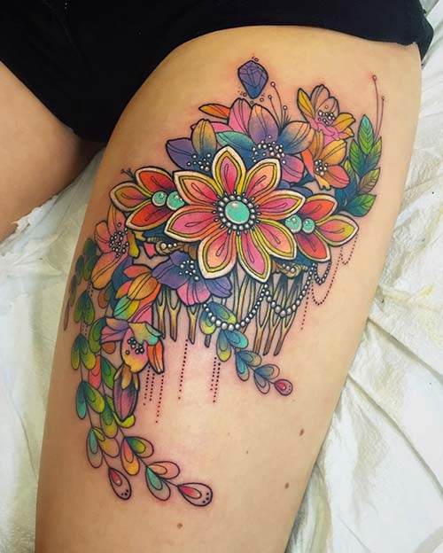 kadın üst bacak renkli çiçek dövmesi woman thigh colorful flower tattoo kadın üst bacak renkli çiçek dövmesi woman thigh colorful flower tattoo