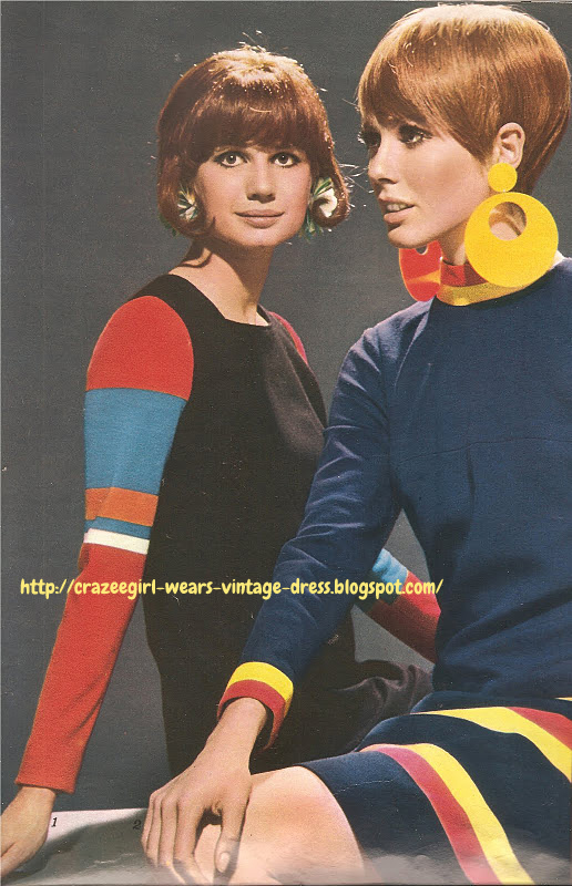 striped dress 60s 1966 1960 earrings Manches rayées de coloris vifs sur robe fluide noire . ANNE-MARIE  Robe marine, grandes rayures sur le bas de la jupe, les manches et le col. DANIEL HECHTER