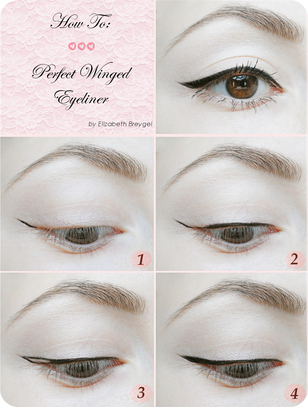 collage with 5 simple steps showing how to apply small winged eyeliner to the eyes