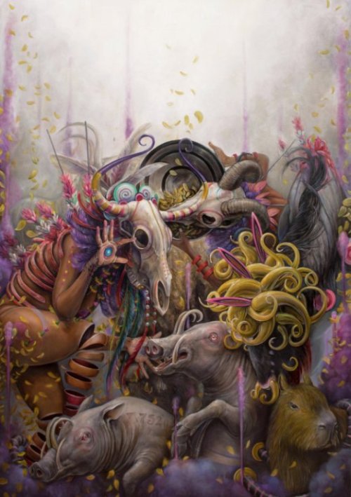 Hannah Faith Yata pinturas psicodélicas surreais sombrias  bizarras formas femininas peixes natureza cores