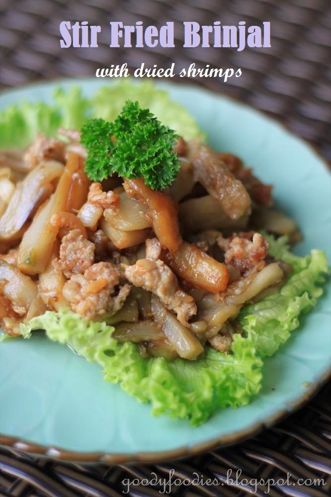 GoodyFoodies Recipe Stir fried brinjal with dried shrimp and minced pork