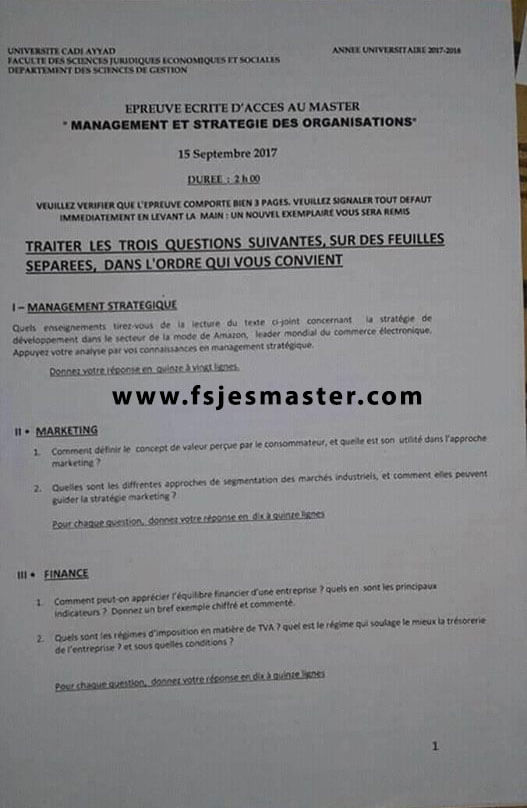 Exemple Concours Master Management et Stratégie des Organisations 2017-2018 - Fsjes Marrakech