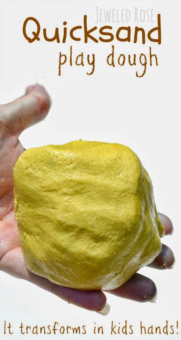 Amazing quicksand play dough - it is mold-able but turns to liquid when kids hands are still. This recipe for play requires just a couple ingredients and NO COOKING!