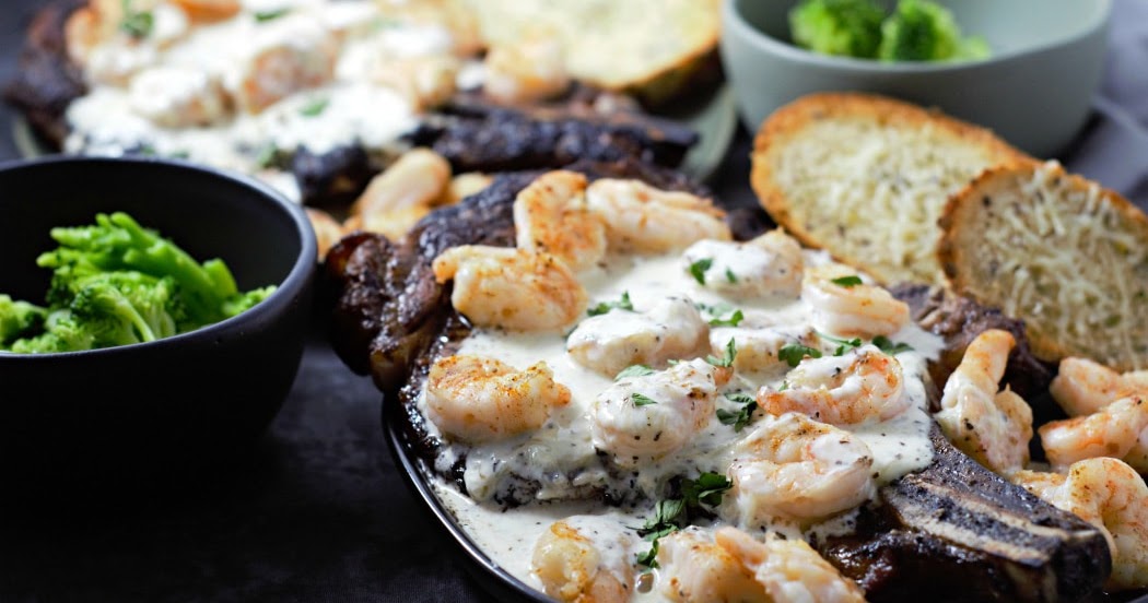 Ribeye Steak and Shrimp with Parmesan Sauce for Two FOOD AND DRINK