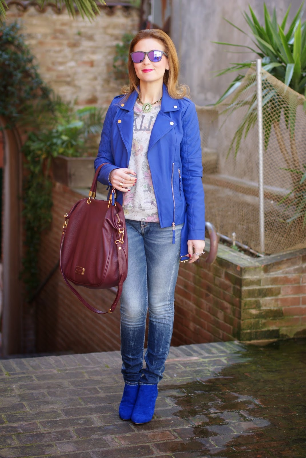 Cobalt blue biker jacket and ankle boots | Fashion and Cookies ...
