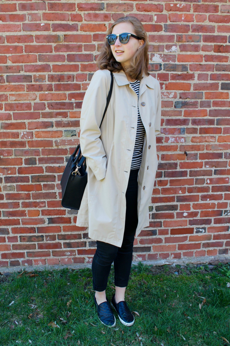 camel coat and boat shirt