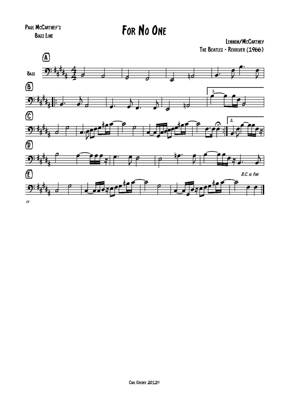 Carl Greder's Bass Transcriptions For No One Carl Greder's Bass Transcriptions For No One