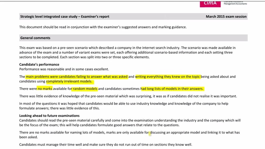 cima strategic case study examiners report