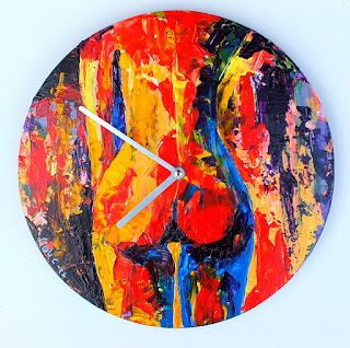 rosu, galben, albastru, ceas, ceas de perete, handmade, pictat, abstract