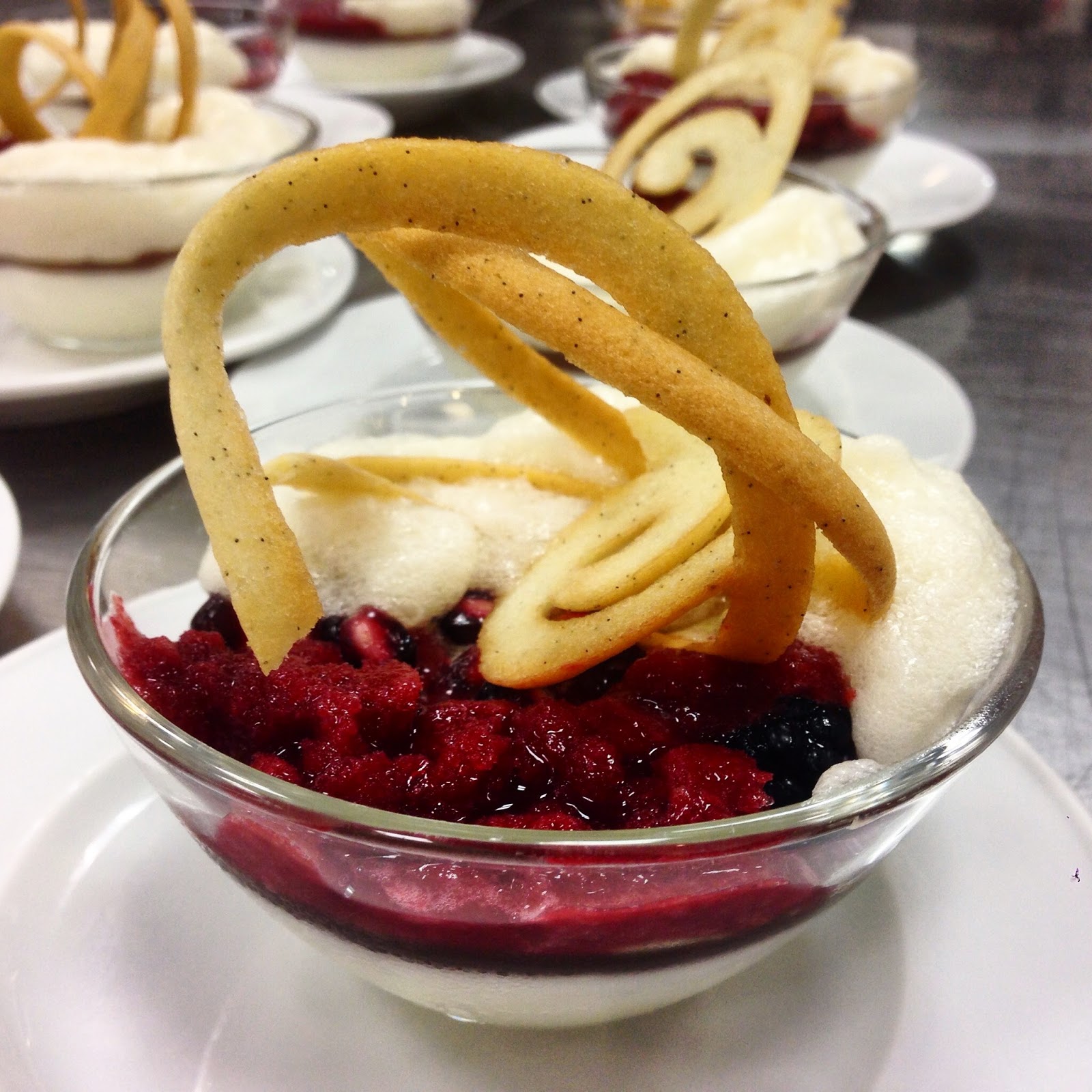 Buttermilk Panna Cotta with Tea Gelee, Cherry Compote, Lemon Foam and Hippen Tuile Buttermilk Panna Cotta with Tea Gelee, Cherry Compote, Lemon Foam and Hippen Tuile