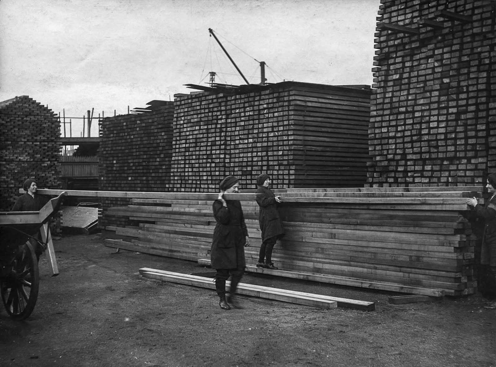 Workers haul wood in a lumber yard.