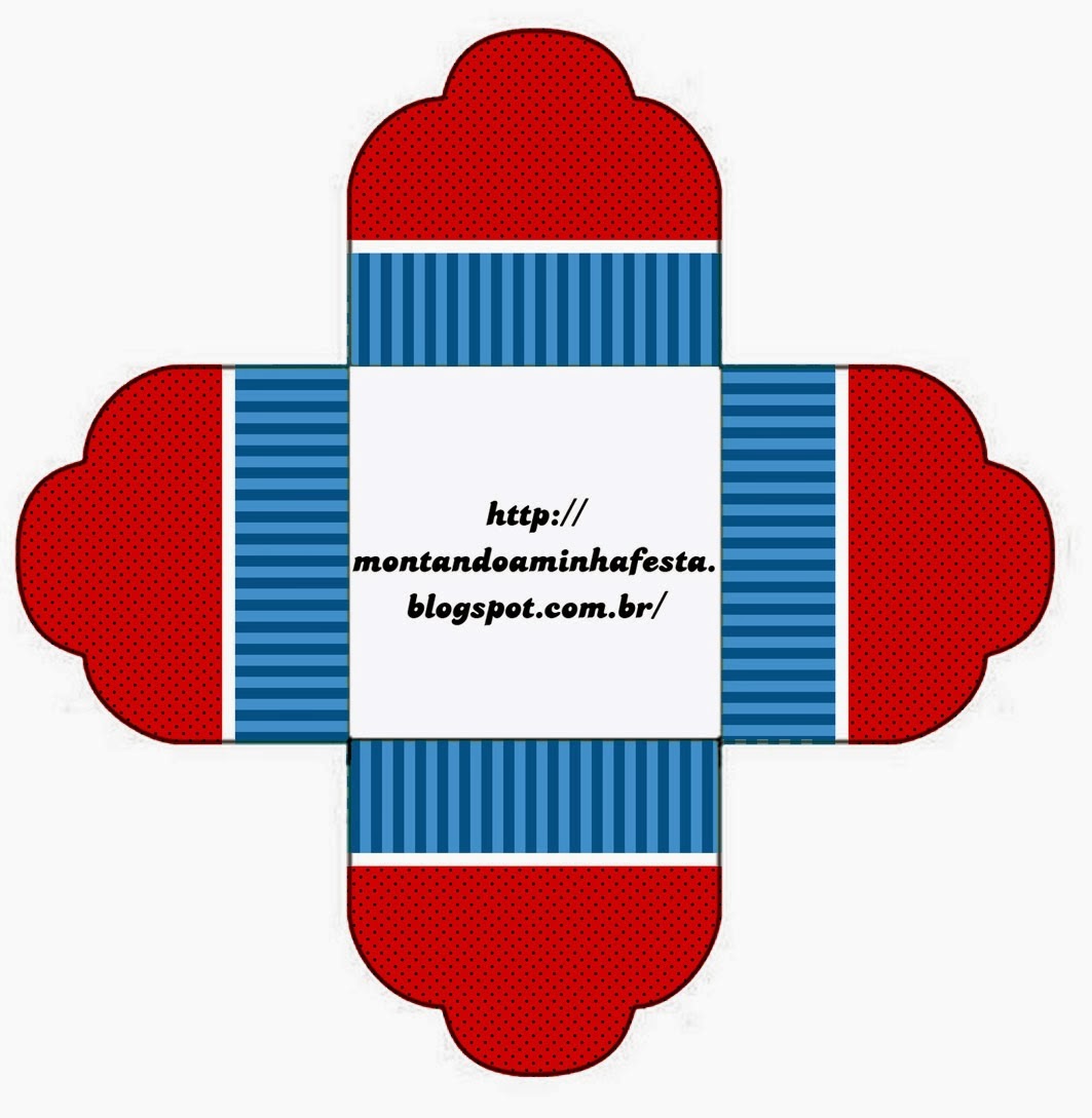 Azul y Rojo: Cajas para Imprimir Gratis. Caja abierta para pastelitos, chocolates o mazapanes.