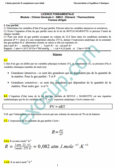 Exercices Avec Correction Thermochimie Smpc S1 Travaux Diriges