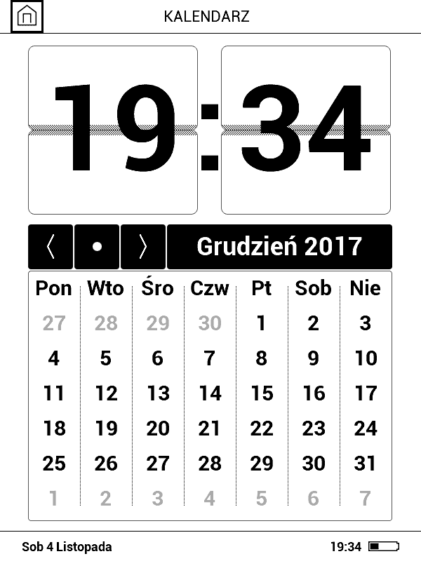 zrzut ekranu z widokiem aplikacji Kalendarz na czytniku PocketBook Basic 3