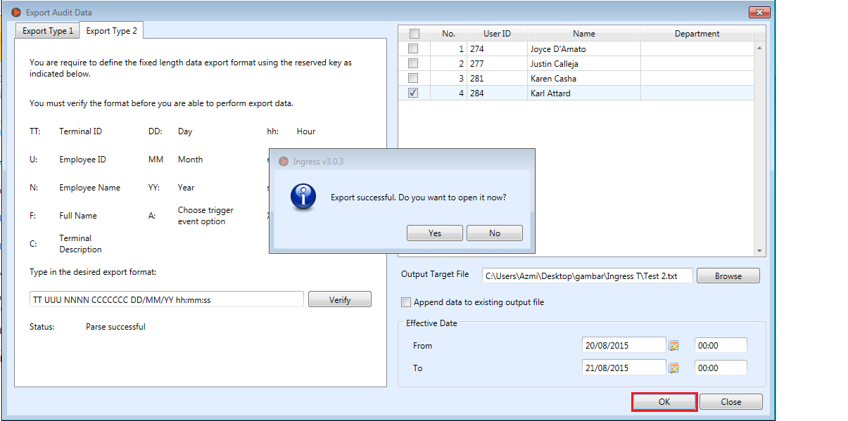 Ingress TCMSv3 Software Exporting Data From Audit List To TXT And 