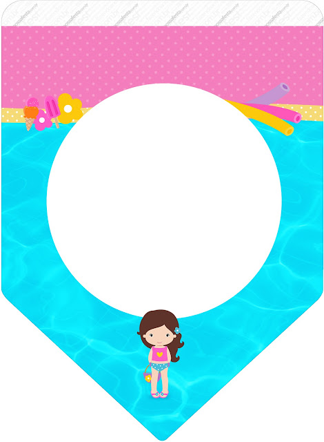 Fiesta en la Piscina para Niña Morena: Imprimibles Gratis. Banderines de Fiesta en la Piscina para Niña Morena para imprimir gratis.
