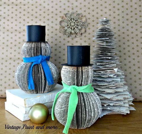 Vintage, Paint and more... book page Christmas decor - snowman and tree